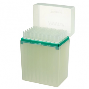 A plastic box with a hinged lid contains a green rack of Thermo Scientific Finntip Filter 5mL filtered sterile tips (0.5-5mL, 270 tips, 5 x 54) arranged in rows.