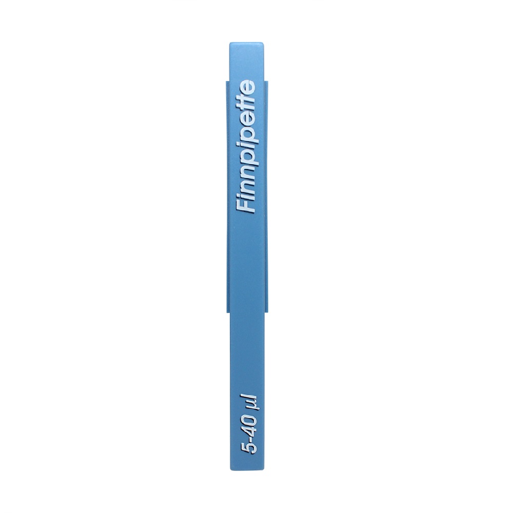 A Thermo Scientific Finnpipette Colour Tip Ejector Pusher, Single Channel, 5–40μL, shown in blue and viewed from the side.