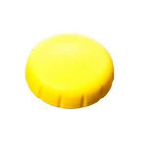 A round, yellow Finnpipette Focus Cap for 10μL, 30μL, 50μL, and 100μL Thermo Scientific pipettes features a ridged edge and is shown against a plain white background.