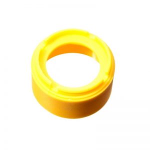 A yellow Finnpipette Novus Tip Ejector Upper Part (SC, 10μL, 50μL, 100μL; Thermo Scientific) with a wide, hollow center is shown from above on a white background.