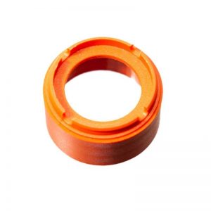 Orange Finnpipette Novus Tip Ejector Upper Part, Single Channel, 300μL by Thermo Scientific; features a hollow center and ridged inner edge. Photographed on white background; compatible with Finnpipette Novus systems.