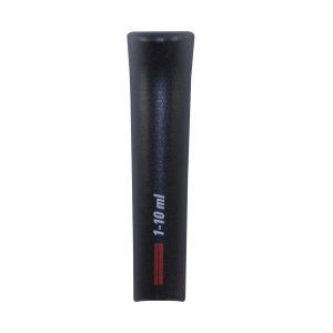 A black, cylindrical Finnpipette F2 Tip Ejector Pusher Upper Part (10mL, Newer Version) from Thermo Scientific is shown vertically against a white background, featuring a red line and labeled 1-10 ml.