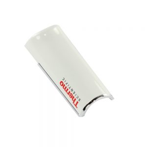 A white Thermo Scientific Finnpipette F1 ClipTip Tip Ejector Pusher Upper Part for all volumes, shown with a curved shape and silver trim on a plain white background.