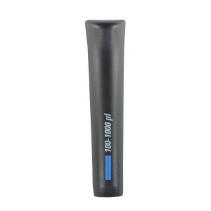 A Finnpipette F2 Tip Ejector Pusher, 1000 μL, Older Version (Thermo Scientific), shows a black cylindrical body with blue side stripe and 100-1000 μl labeling, viewed against a white background.