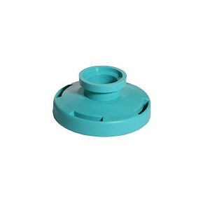 A turquoise plastic Finnpipette Stepper Adapter for 25mL and 50mL Syringe Tips (Thermo Scientific, sterile, 5 pack) with a central raised ring and four rectangular slots is shown against a white background.