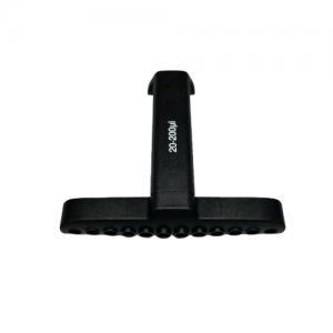 A Labnet Ejector multichannel pipette head, 12 channel, 20-200μL, is shown in black from the front with multiple nozzle openings visible.