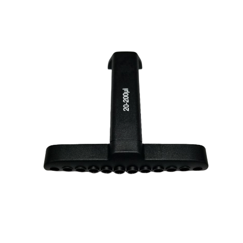 A Labnet Ejector multichannel pipette head, 12 channel, 20-200μL, is shown in black from the front with multiple nozzle openings visible.