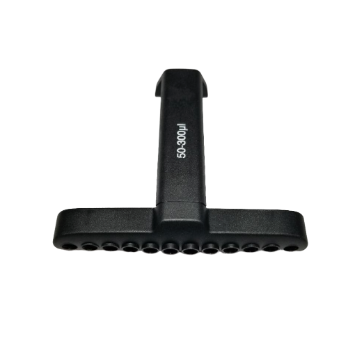 The Labnet Ejector, Multichannel, 12 Channel, 30-300μL (Labnet) features a black T-shaped handle with ten evenly spaced holes—perfect for users requiring compatibility with Labnet Ejector systems and multichannel pipettes.