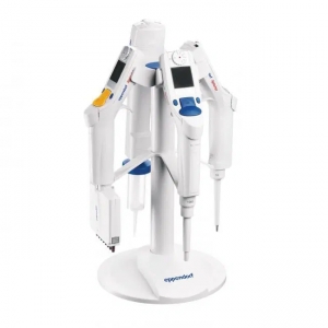 A white Charger Carousel Stand holds three Eppendorf Xplorer/Xplorer Plus and one Stream/Xstream electronic pipette, providing organized storage commonly used in labs for precise liquid handling.