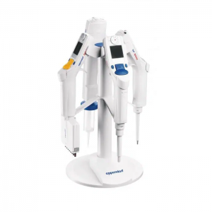 The Eppendorf Charging Stand holds 4 stream/Xstream pipettes vertically, featuring digital displays. The white base is labeled Eppendorf, ensuring compatibility with stream and Xstream models.