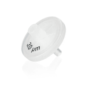A round, white Macro Membrane Filter (3 μm, Non-Sterile) for BrandTech Accu-jet/Accu-jet S/Accu-jet pro systems features inlet and outlet ports for liquid filtration and is shown isolated on a white background.