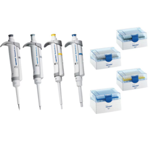 Four Eppendorf Research Plus Single Channel Variable Volume Pipettes (2.5μL, 10μL, 100μL, 1000μL) and boxes of pipette tips