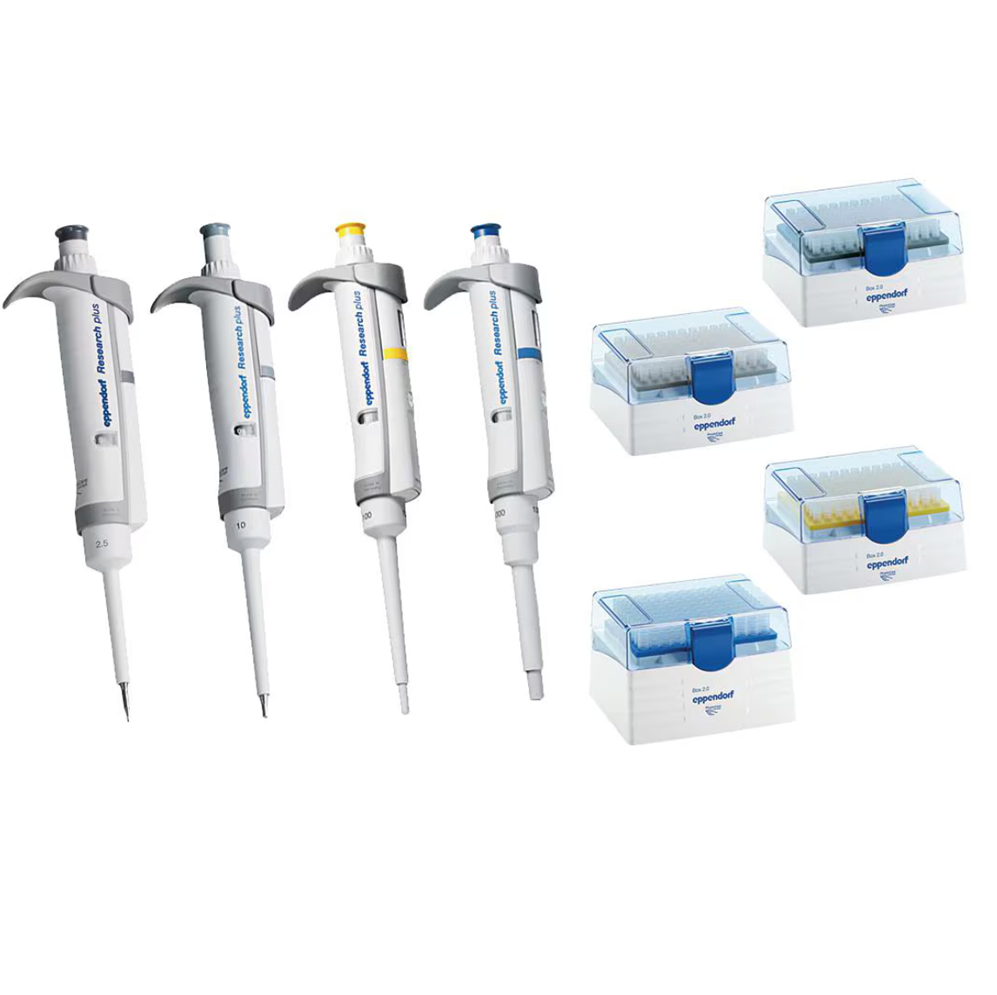 Four Eppendorf Research Plus Single Channel Variable Volume Pipettes (2.5μL, 10μL, 100μL, 1000μL) and boxes of pipette tips
