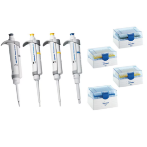Four Eppendorf Research Plus Single Channel Variable Volume Pipettes (2.5μL, 20μL, 200μL, 1000μL) and boxes of pipette tips