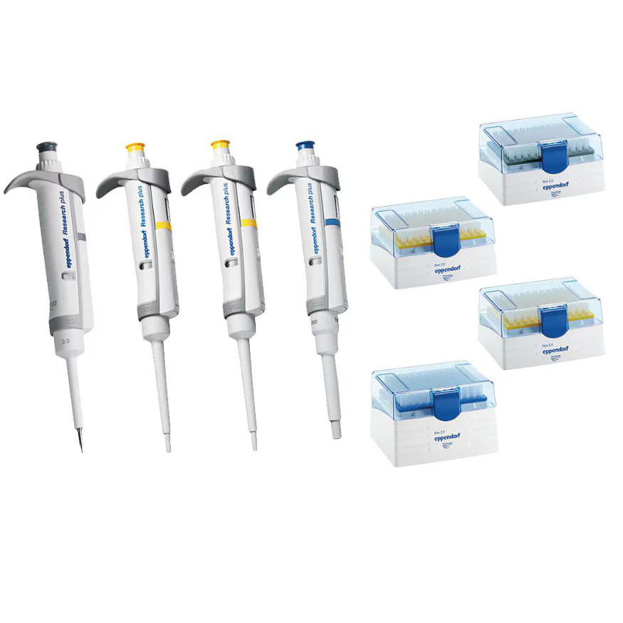 Four Eppendorf Research Plus Single Channel Variable Volume Pipettes (2.5μL, 20μL, 200μL, 1000μL) and boxes of pipette tips