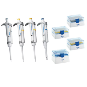Four Eppendorf Research Plus variable volume single channel pipettes (10μL, 20μL, 200μL, 1000μL) and four boxes of tips
