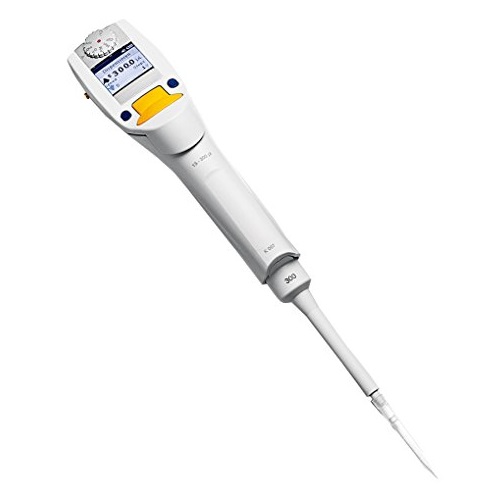 The Xplorer Pipette, Single Channel, Medium Gray, 0.5-10μL (Eppendorf) features a digital display and adjustment dial for accurate liquid measurement and transfer in the lab.