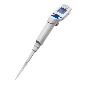 The Xplorer Pipette, Single Channel, Medium Gray, 0.5-10μL (Eppendorf) is a digital pipette with display and control buttons for precise liquid handling using a detachable tip.