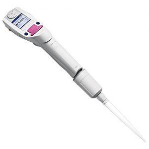 A medium gray Eppendorf Xplorer Pipette, single channel (0.5-10μL), features a digital display and control buttons for precise measurement and dispensing of liquid samples in laboratories.