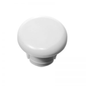 A light grey, round Eppendorf PhysioCare Button Cap with a smooth surface and short base, designed for 10μL pipettes.