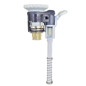 White and gray plastic toilet fill valve assembly with metal spring and adjustment lever, designed with precision similar to the Gilson Pipetman L & L Auto Lock/Unlock Assembly, 2μL–1000μL, shown on a white background.