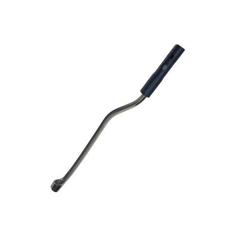 A metal lug wrench with a bent shaft and black plastic handle, photographed on white, evokes the ergonomic style of Labnet’s Ultra EZpette Tip Ejector, Single Channel, LF, Click-2-Fix, Grey Version (2μL/10μL).