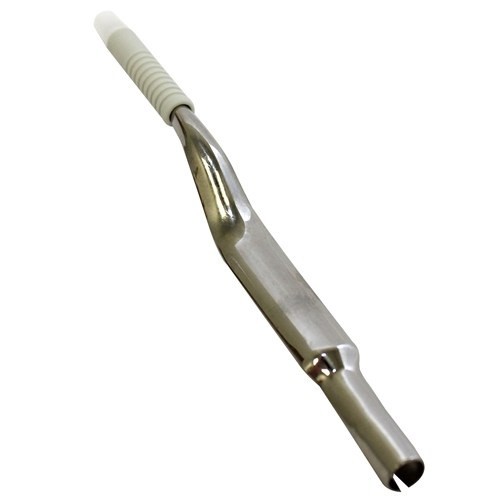 The Labnet Tip Ejector, Single Channel, Newer Version (LF, 20μL) features a stainless steel build and white textured grip for control, providing added precision with its small angled tip.