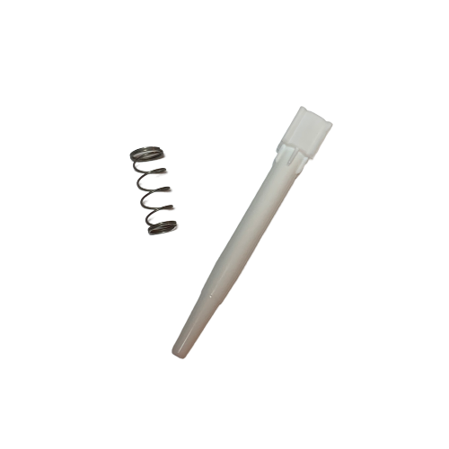 A small metal coil spring and a white Labnet Shaft, Multichannel, Internal, 50μL (Labnet) cylindrical component are placed side by side on a plain white background.