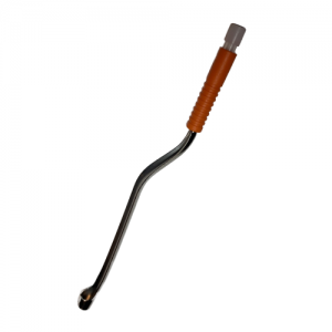 A Lambda Plus Tip Ejector, Single Channel, 20μL (Labnet) with an orange, ribbed handle and gray cap features a curved shaft and rounded tip.
