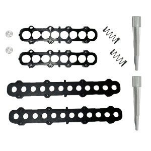 The Labnet Shaft Kit, Multichannel, External, 10μL (Labnet) includes two screws, two springs, two metal pins, and four black circular brackets—perfect for 10μL pipettes—all displayed on a white background.