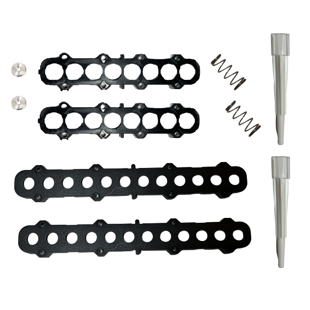 The Labnet Shaft Kit, Multichannel, External, 10μL (Labnet) includes two screws, two springs, two metal pins, and four black circular brackets—perfect for 10μL pipettes—all displayed on a white background.