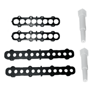 Four black plastic strips with holes and two white cylinders—a Labnet Shaft Kit, Multichannel, External, Older, 2 Pack, 300μL—are shown on a white background.
