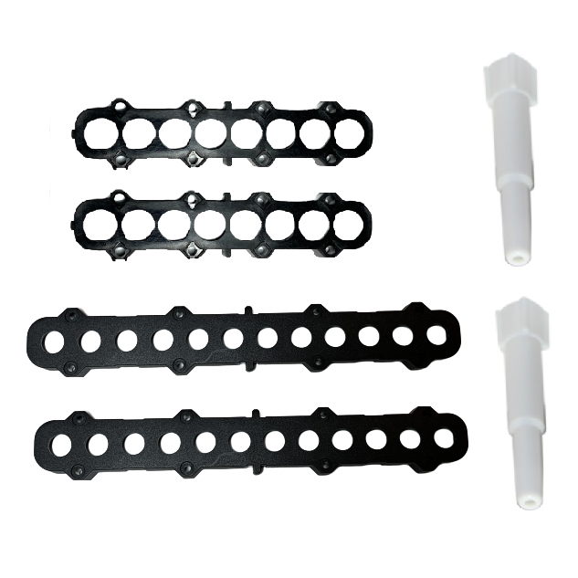 Four black plastic strips with holes and two white cylinders—a Labnet Shaft Kit, Multichannel, External, Older, 2 Pack, 300μL—are shown on a white background.