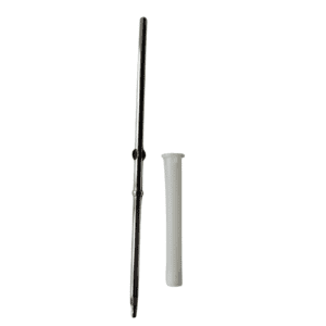 A metal biopsy punch instrument is shown next to a white plastic sheath on a white background, featuring design precision similar to the Labnet Pipetting Arbor with Bush, All Volumes (Labnet) used in laboratories.