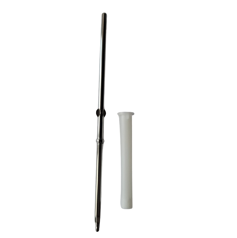 A metal biopsy punch instrument is shown next to a white plastic sheath on a white background, featuring design precision similar to the Labnet Pipetting Arbor with Bush, All Volumes (Labnet) used in laboratories.