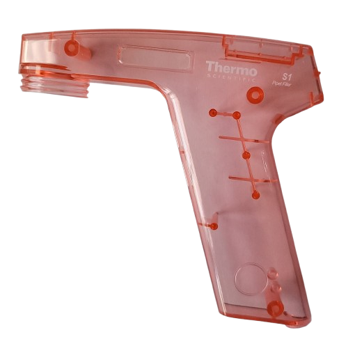 TS_22680 A transparent red Thermo Scientific S1 Pipet Filler housing handle, shown from the left side, displays internal components and branded labeling.