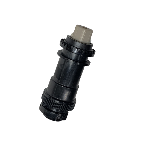 EP 3122816000 The Research Plus Spindle Unit, Multichannel, 10μL (Eppendorf) is a black plastic cylindrical component with gear-like ridges and a gray knob, isolated on a white background.