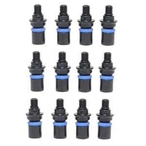Four black Finnpipette E1 ClipTip / F1 ClipTip Upgrade Tip Fitting Assemblies (4 Pack, Plastic, 850μL–1250μL, Thermo Scientific) with blue O-rings are arranged on a white background.