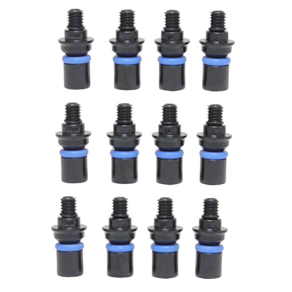 TS2216210 Four black Finnpipette E1 ClipTip / F1 ClipTip Upgrade Tip Fitting Assemblies (4 Pack, Plastic, 850μL–1250μL, Thermo Scientific) with blue O-rings are arranged on a white background.