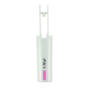 A white plastic 1-10 μL test strip holder with a pink label and open top—compatible with Finnpipette F1 Tip Ejector Pusher Lower Part, 10μL Micro (Thermo Scientific) for accurate lab work.