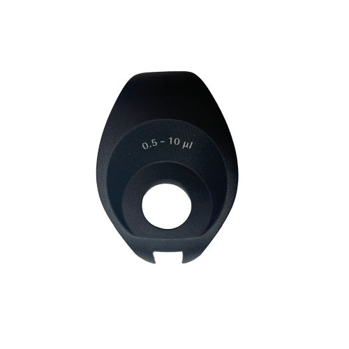 SA LH-727025 The Tacta Mechanical Handle Collar, Single & Multichannel, 10μL (Sartorius) is a black plastic collar with a central opening and white 0.5–10 μl text, designed for pipettes and shown against a white background.