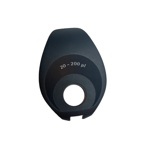 SA LH-727028 Black Tacta Mechanical Handle Collar, Single Channel, 200μL (Sartorius) pipette volume indicator labeled 20-200 μl, shown from above with a central circular opening on a white background.