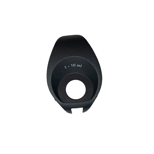 SA LH-727031 The Tacta Mechanical Handle Collar, Single Channel, 10mL (Sartorius) is a black plastic adapter with "1 - 10 ml" printed above its central opening. Designed for use with single channel pipettes, it's shown from above on a white background.