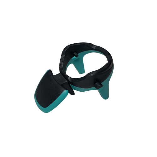 SA LH-727035 The Tacta Mechanical Eject Button, Green (Sartorius), is a green and black plastic ring-shaped tool with a flat paddle-like extension, designed for Sartorius devices and featuring a mechanical eject button for easy operation.