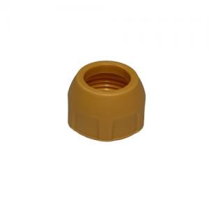 A small, round, yellow plastic cap with a threaded interior and ridged exterior, the Tacta Mechanical Tip Cone Locking Ring (Single Channel, 3μL/10μL, Sartorius) ensures secure attachment to a mechanical tip cone.