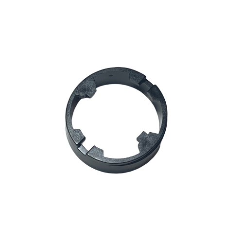 SA LH-727061 The Tacta Mechanical Lock Collar, Single Channel, 5mL/10mL (Sartorius), is a black circular plastic ring with four inner notches. Shown on a white background, it's perfect for precisely securing your Single Channel equipment.