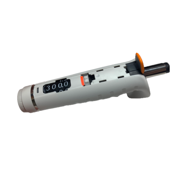 SA-LH-727097 The Tacta Mechanical Machinery Complete Multichannel Pipette (Sartorius) features a digital display, adjustable volume up to 300μL, white body, black plunger, and orange button, shown isolated on a white background.