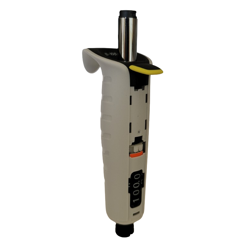 SA_LH-727090 The Tacta Mechanical Machinery Complete, Single Channel, 100μL (Sartorius), is a handheld micropipette with a display window and measurement dial, ideal for precise liquid handling in laboratories up to 100μL.
