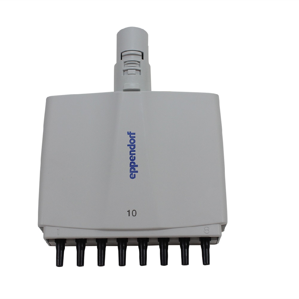 EP4861606002 A white Eppendorf Xplorer Plus Lower Part Complete multichannel pipette head, 8 channels, 50-1200μL, shown with black tips against a plain white background.