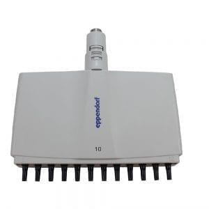 A white Eppendorf Xplorer Plus lower part, multichannel pipette head with eight dispensing channels for 50–1200 μL volumes.